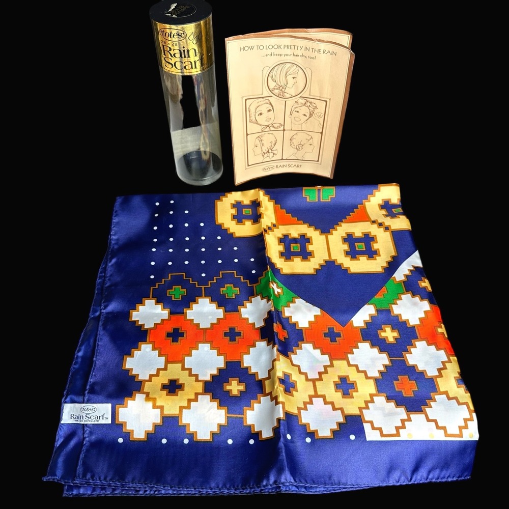 Vintage 1975 Totes Rain Scarf Blue Western Geometric‎ Water Repellent 28x28"